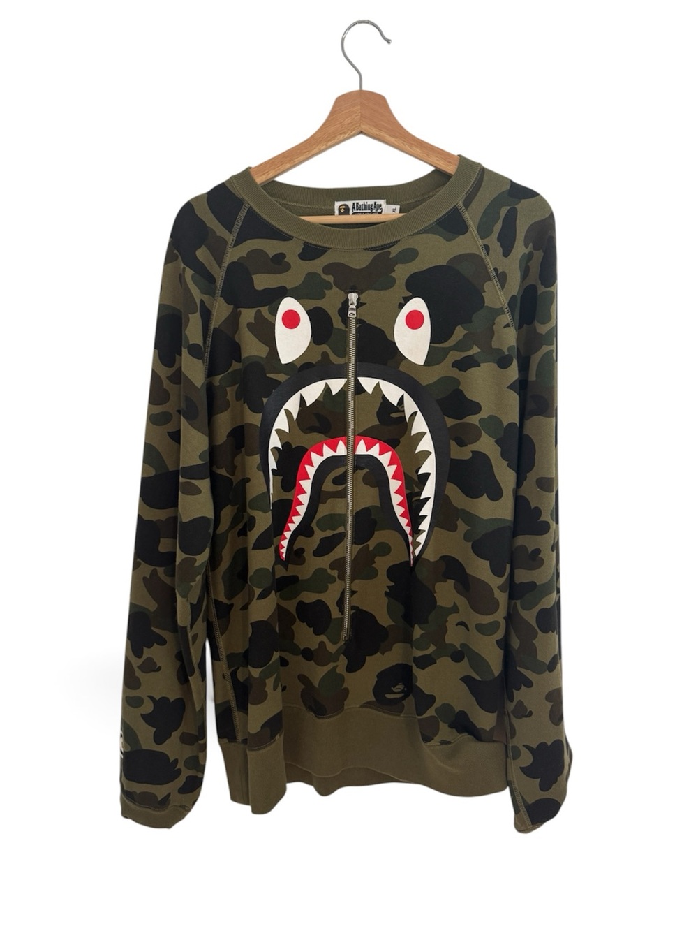 BAPE A Bathing Ape Shark Camo Crewneck Sweater - Olive Green XL Made in Japan